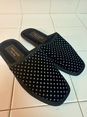 NWT Kate Spade New York Dove Slippers - Black Velvet with Silver Glitter Dots
